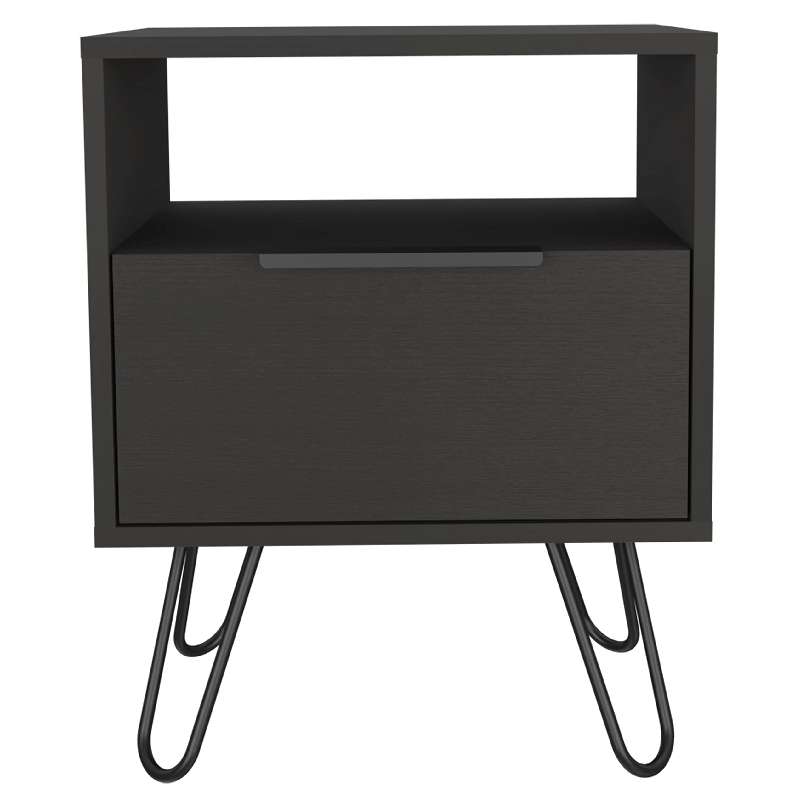 Nightstand 22&Quot; H, 1 Open Shelf, Single Door Cabient, Hairpin Legs, Black